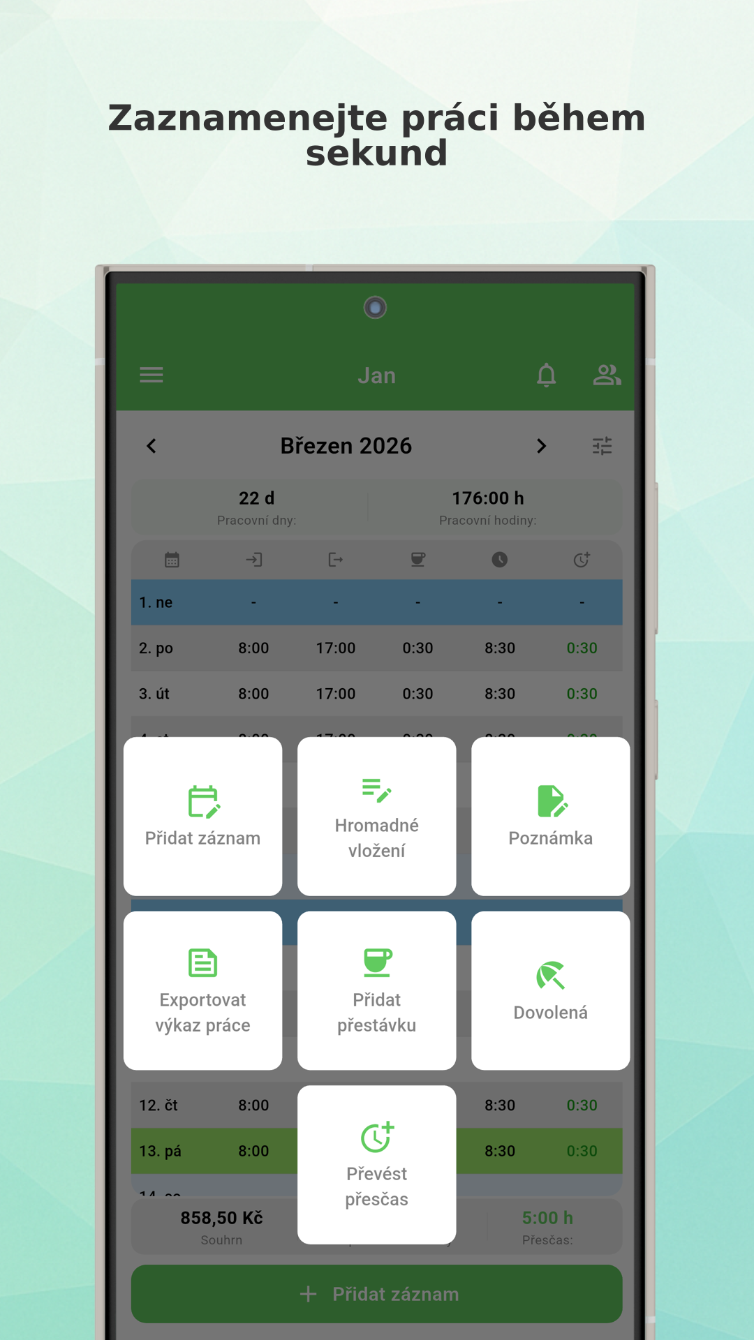 Working Timer app menu