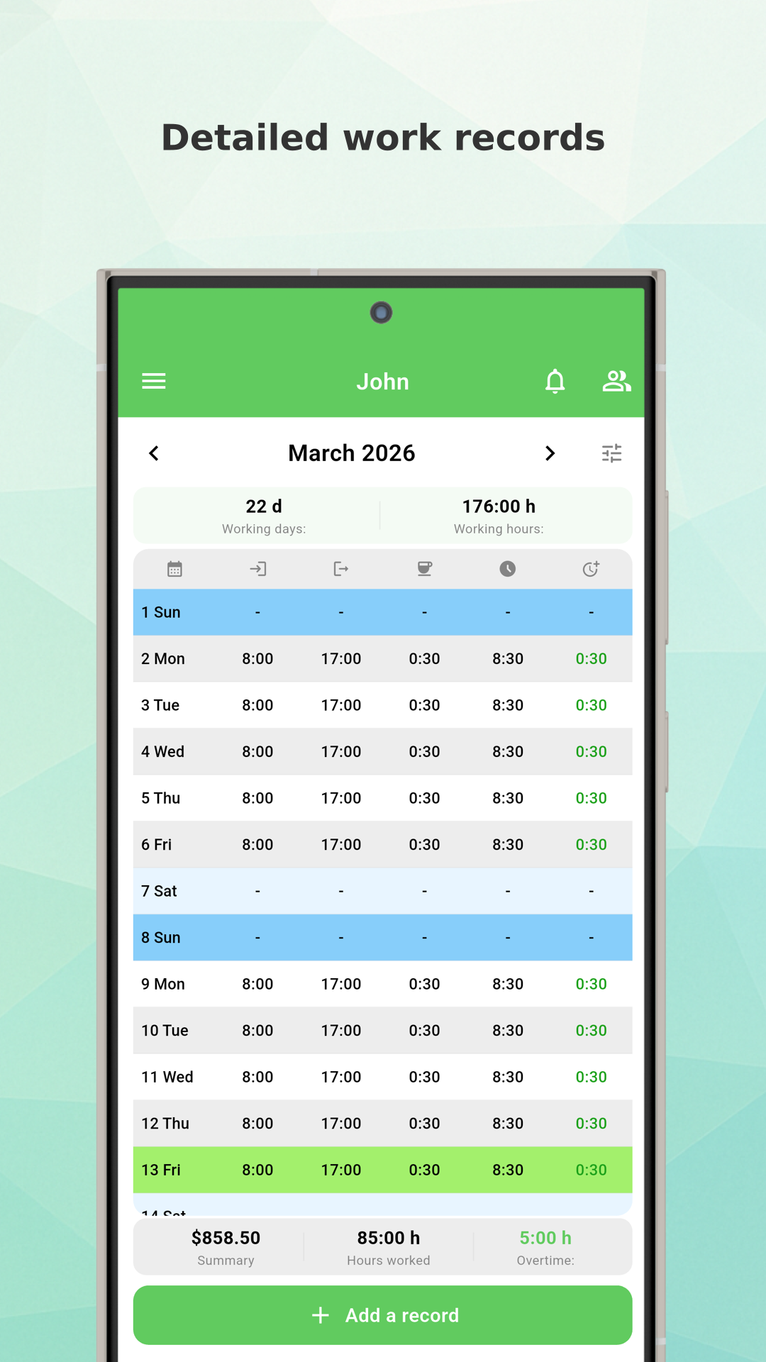 Working Timer year statistics