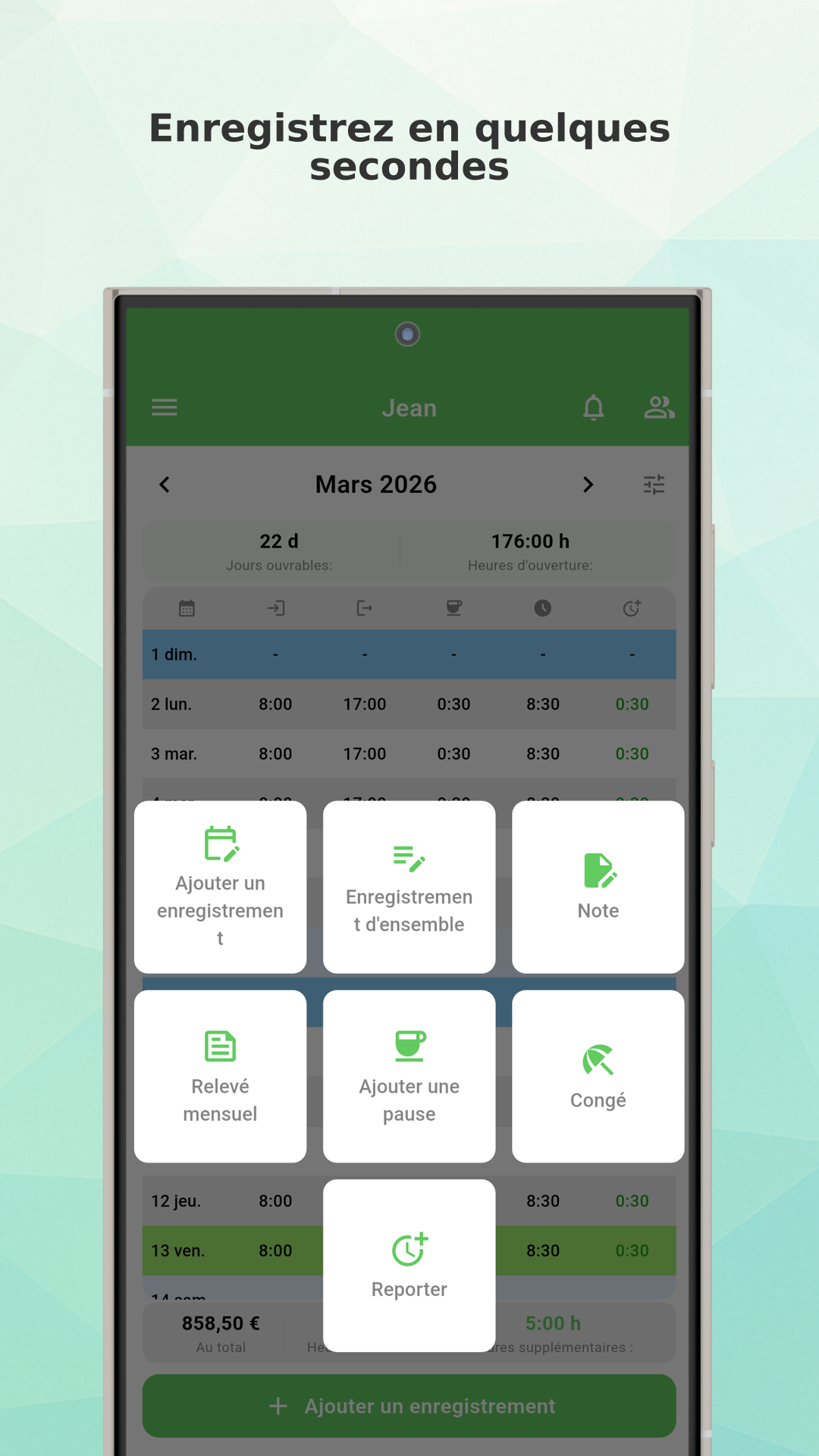 Working Timer app menu