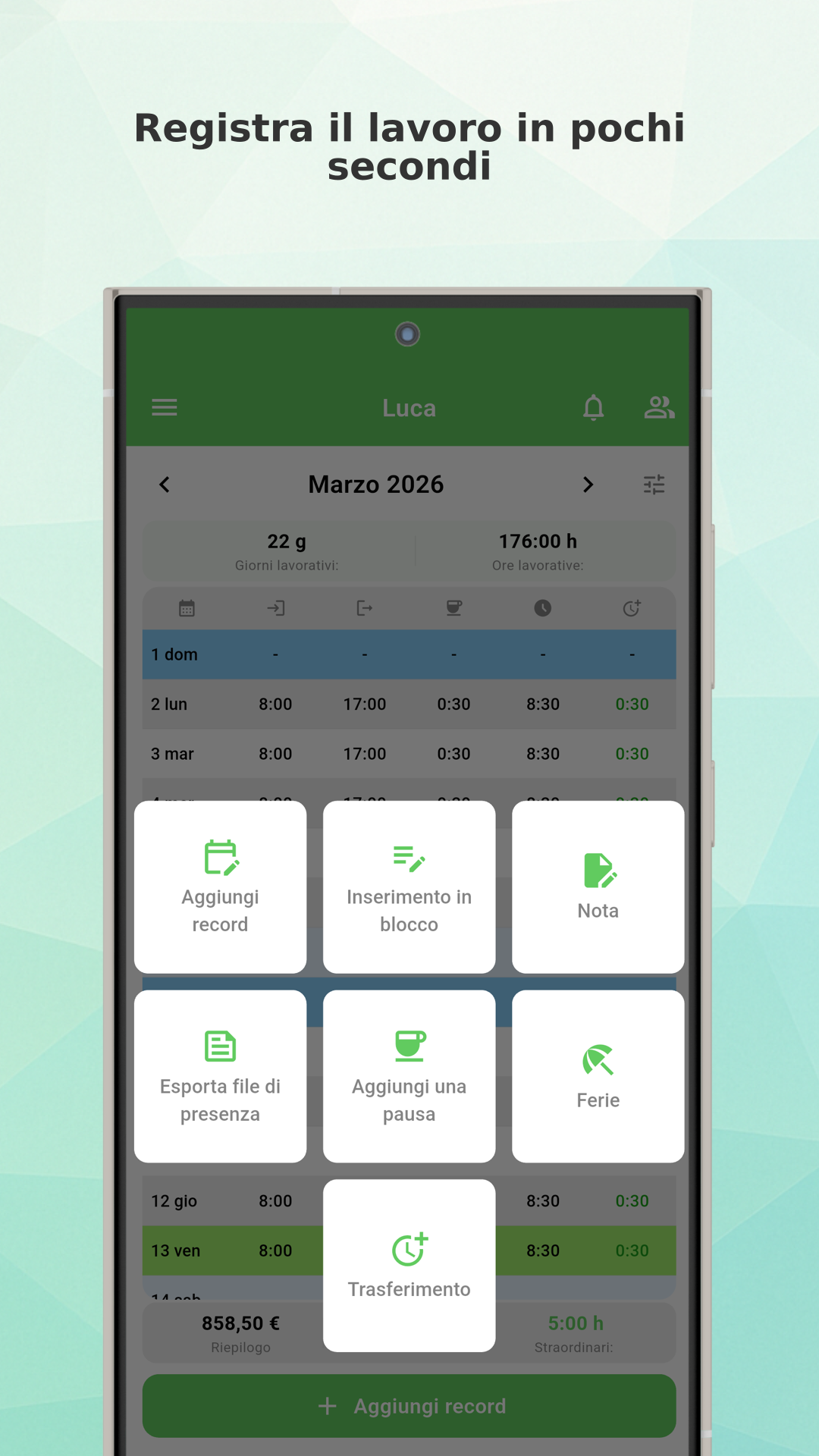 Working Timer app menu