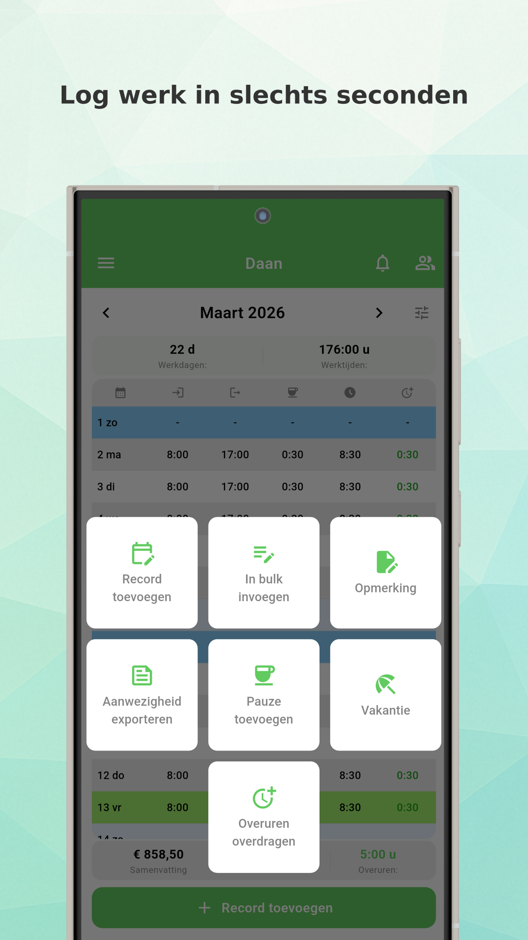 Working Timer app menu