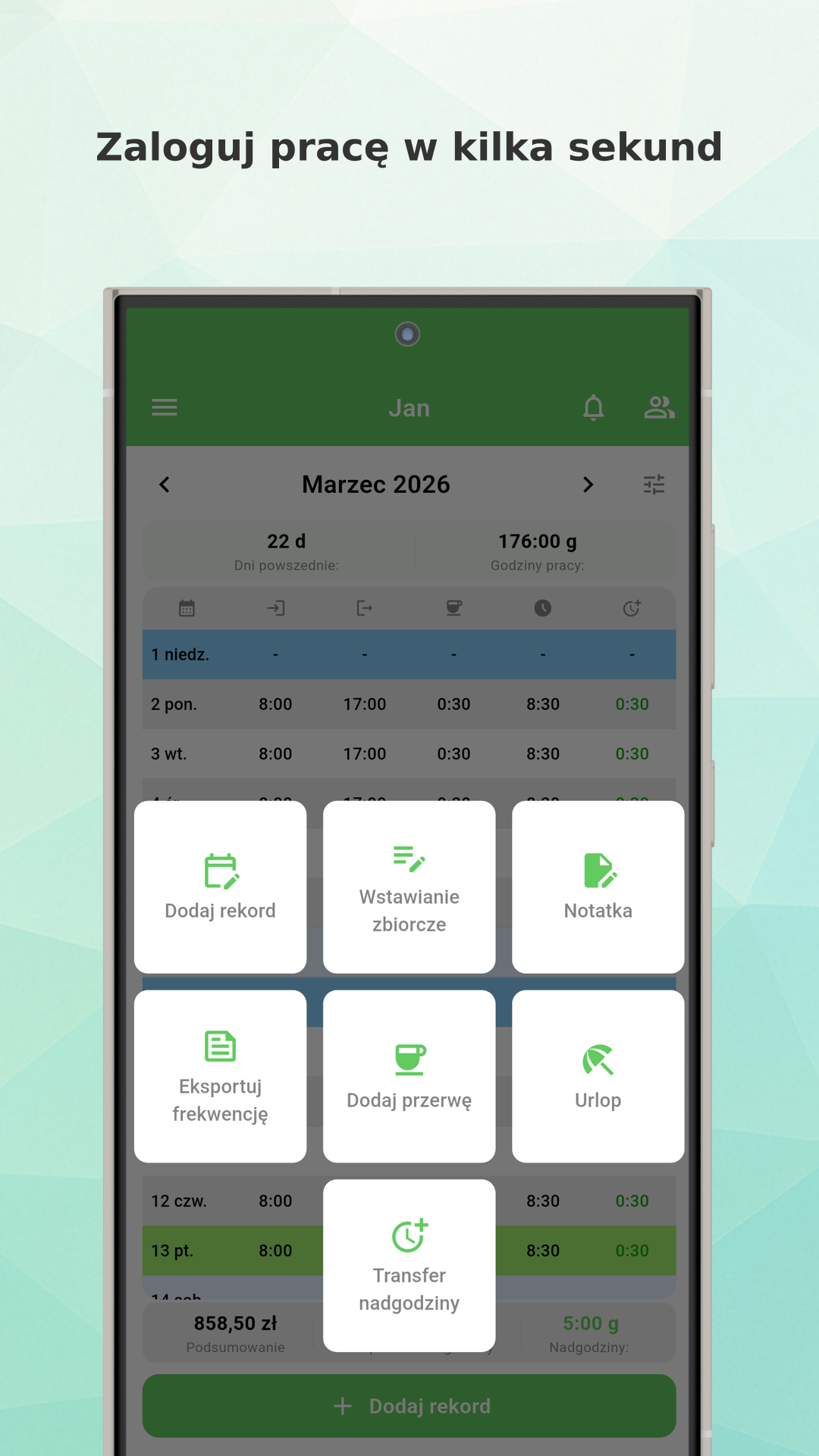Working Timer app menu