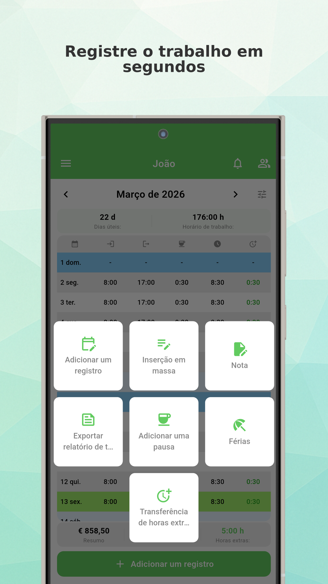 Working Timer app menu