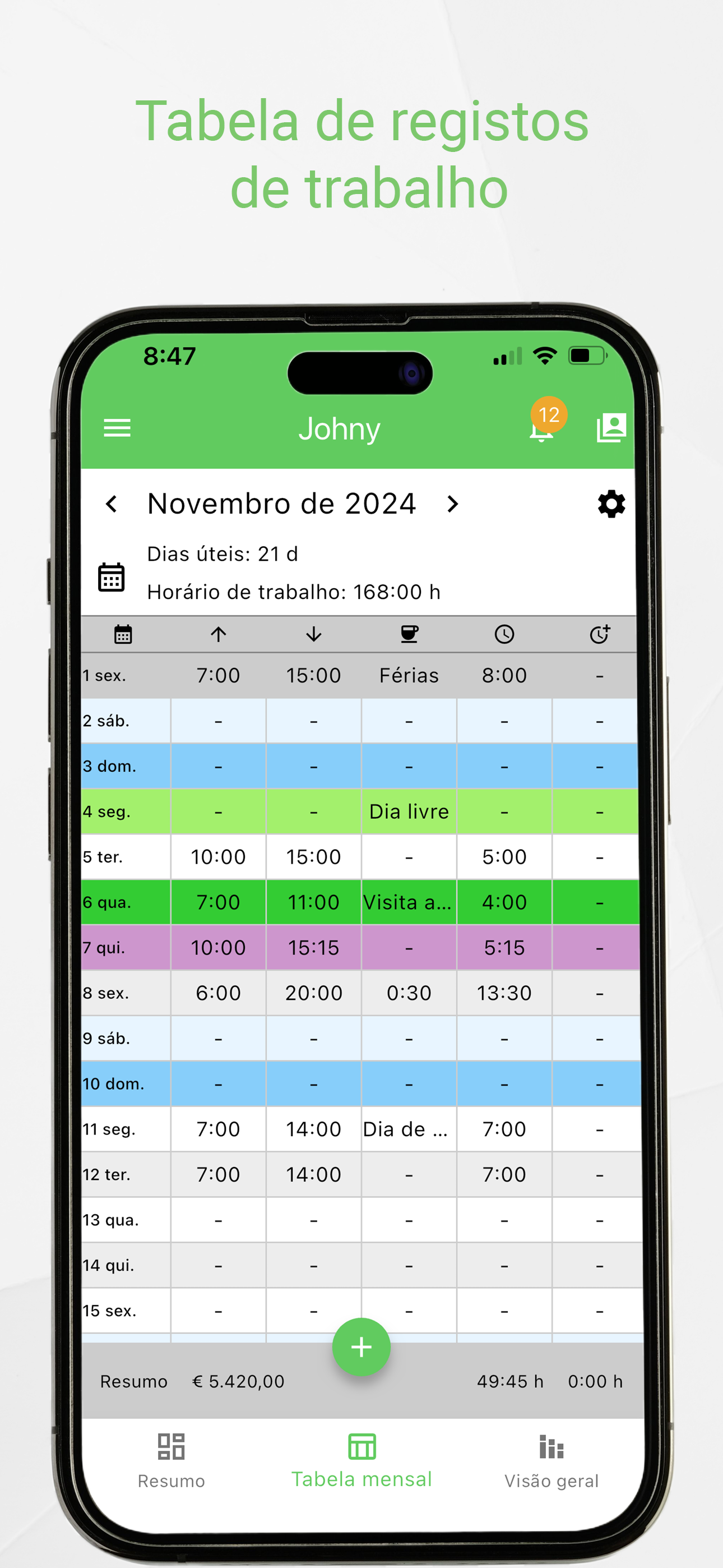 Working Timer month table