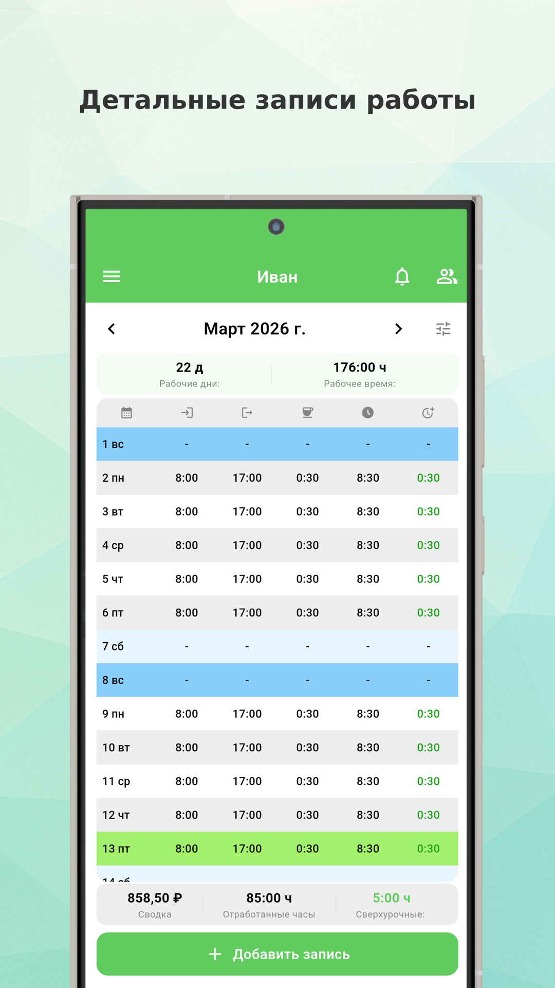 Working Timer year statistics