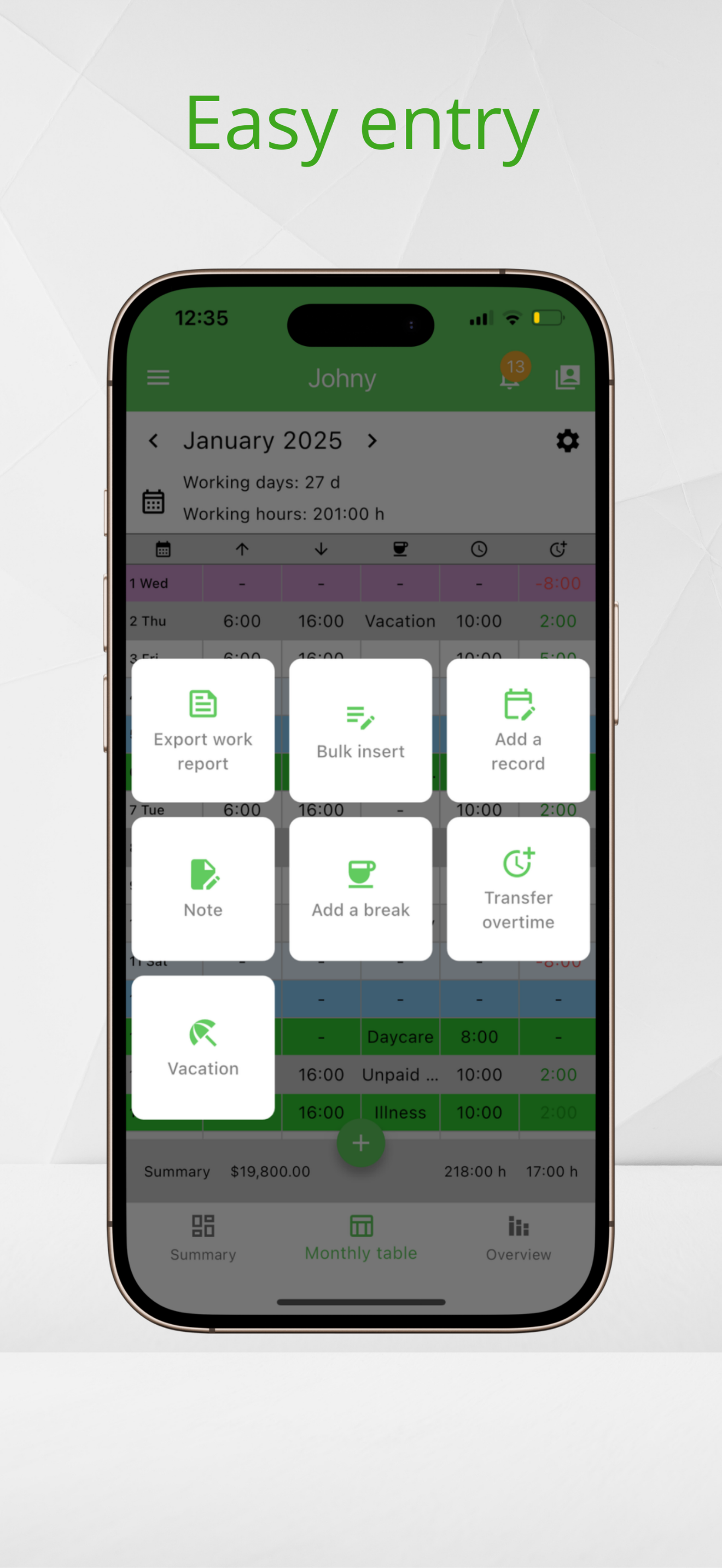 Working Timer month table