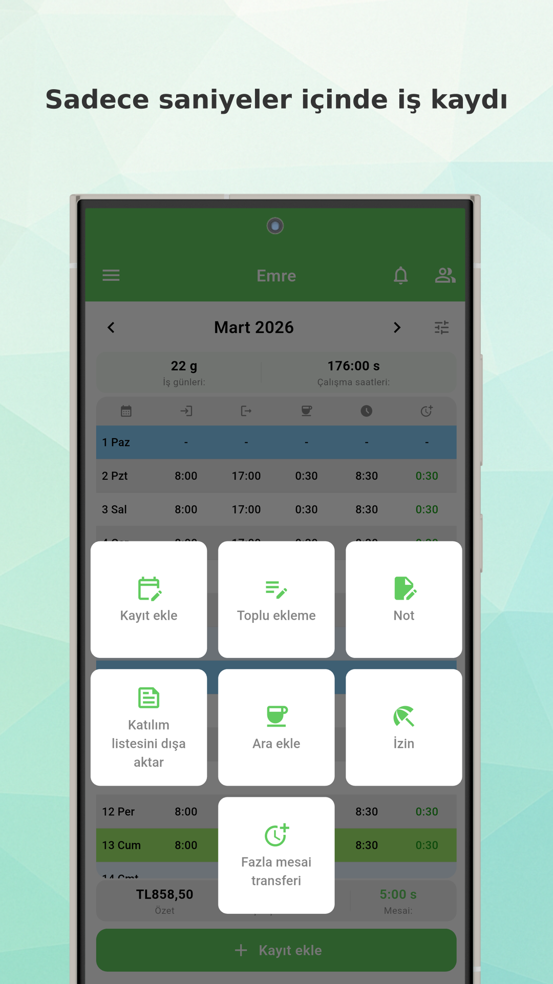 Working Timer app menu