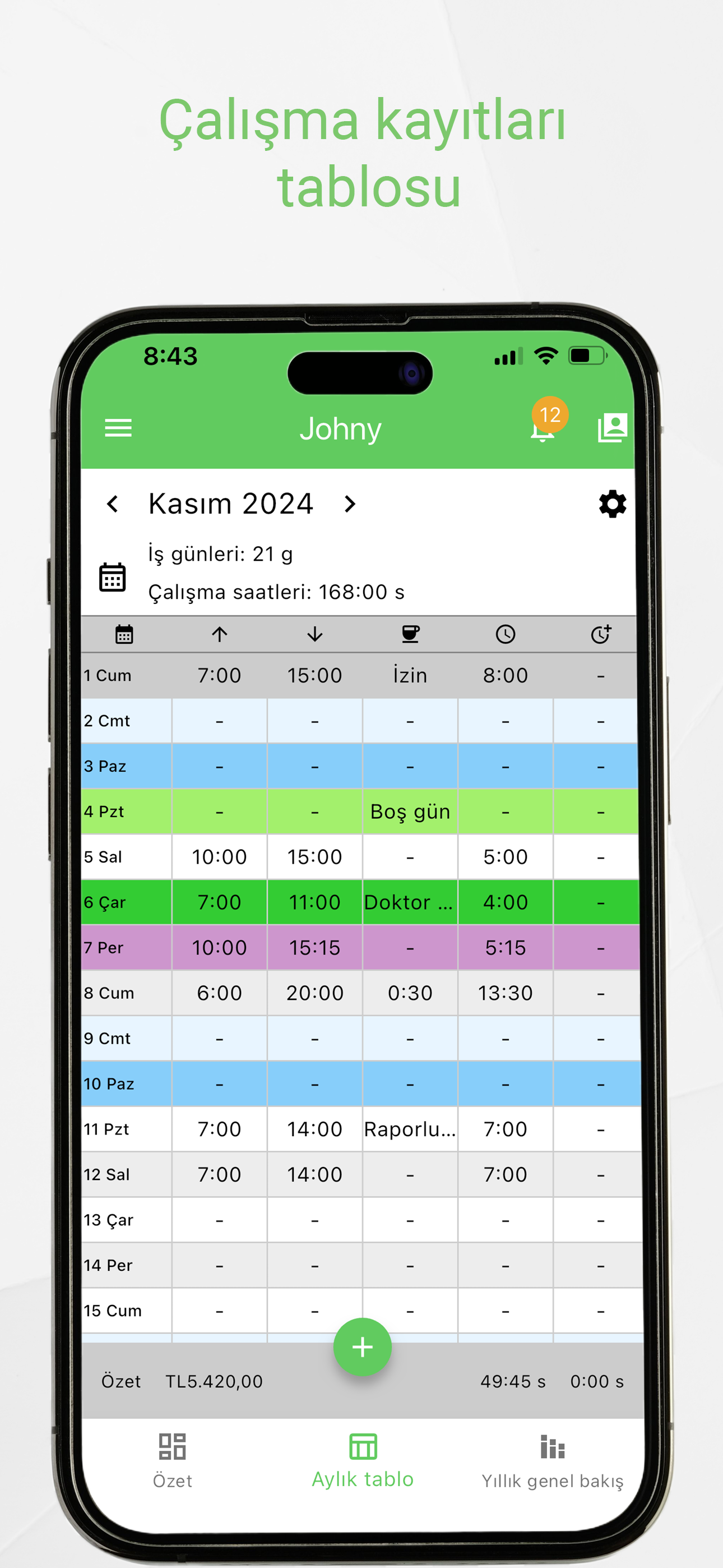 Working Timer month table
