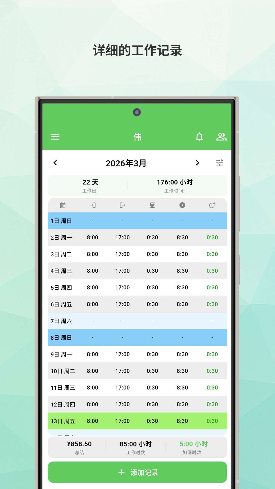 Working Timer year statistics